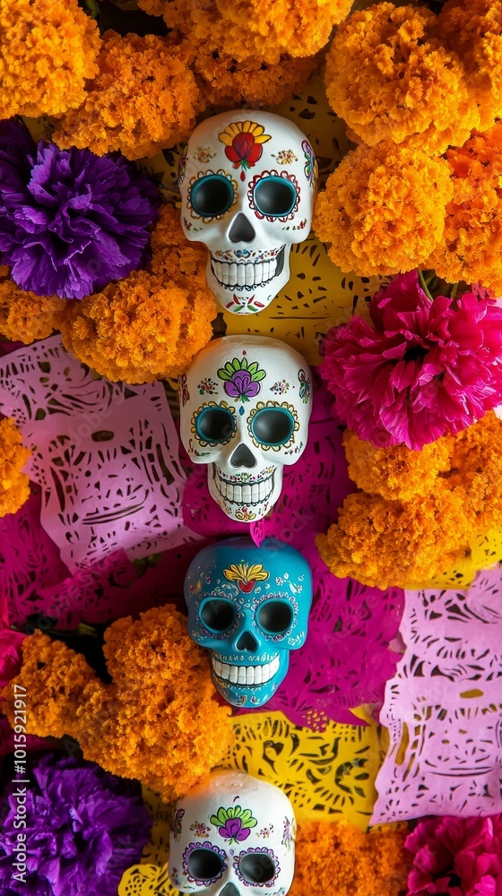 Celebrate the Day of the Dead with a vivid, culturally rich backdrop featuring colorful marigold flowers, traditional sugar skulls, and vibrant papel picado banners, creating a festive and respectful Celebrate the Day of the Dead with a vivid, culturally rich backdrop featuring colorful marigold flowers, traditional sugar skulls, and vibrant papel picado banners, creating a festive and respectful