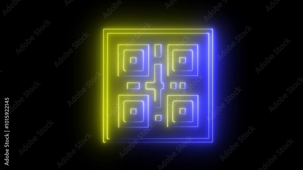 Neon line QR code animated lineal symbol icon. Scanning QR code symbol. blue and yellow color icon on a black background,