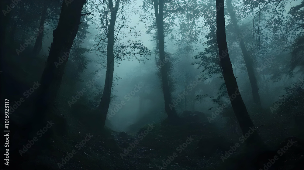 Mysterious Foggy Forest Path Dark Trees, Eerie Mist, Moody Atmosphere Mysterious Foggy Forest Path Dark Trees, Eerie Mist, Moody Atmosphere