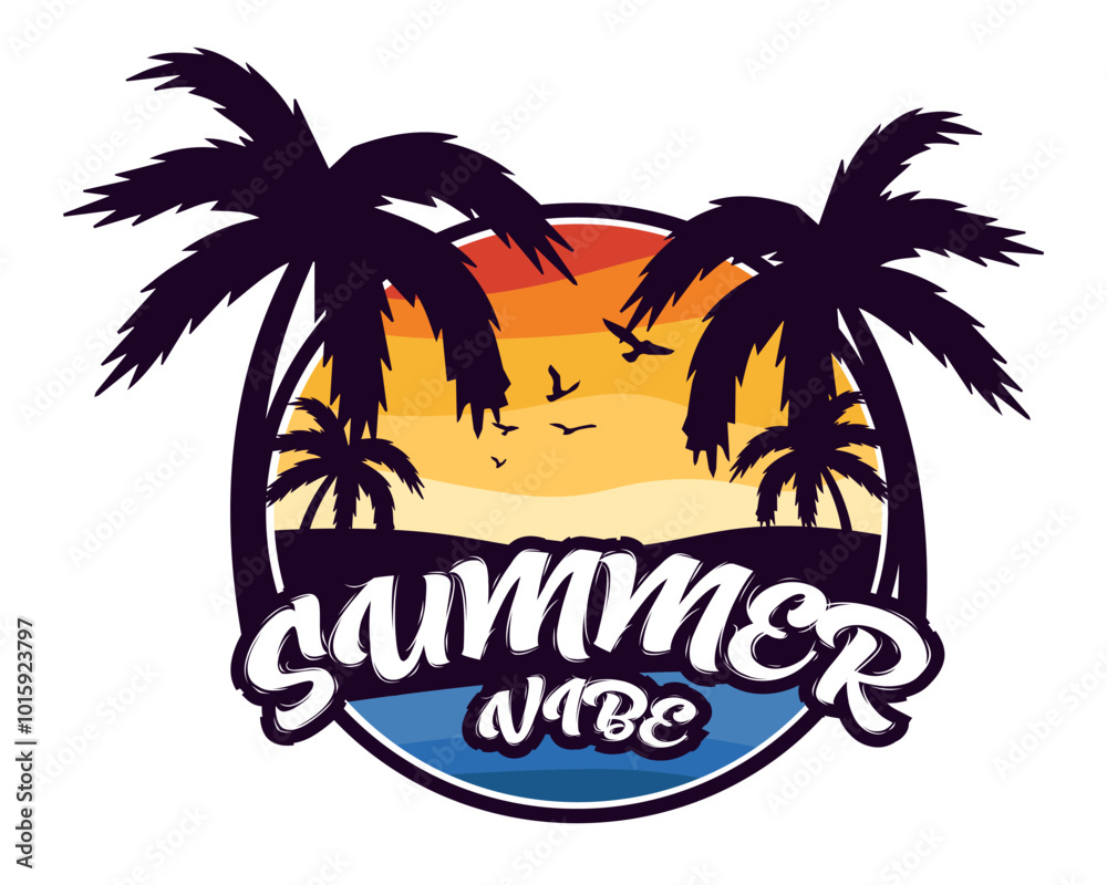 Fototapeta premium Summer vibe t-shirt and logo design with summer color concept. Summer vibes t-shirt design, logo design, vector illustration