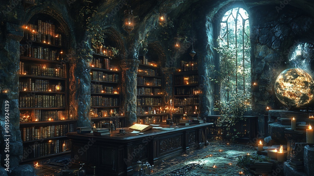 Magical Underground Wizard’s Study with Floating Quill, Ancient Artifacts, and Spinning Globe, Lit by Golden Candlelight, Surrounded by Mystical Trinkets in a Mysterious Setting
