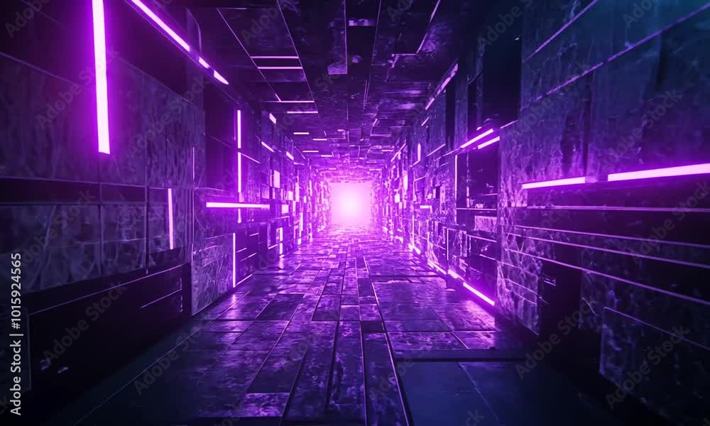 neon futuristic sci fi glowing purple purple glowing laser tunnel corridor with glowing laser corridor on dark concrete background with reflective reflections 3 d rendering illustration