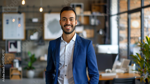 portrait of a happy young businessman or smiling entrepreneur wearing blue suit standing in modern office