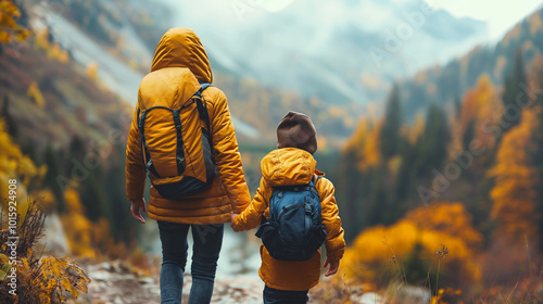 Mother and Son Hiking in the Mountains