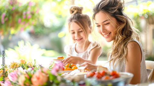 Mother and Daughter Setting Up a Mother’s Day Brunch Table Outdoors