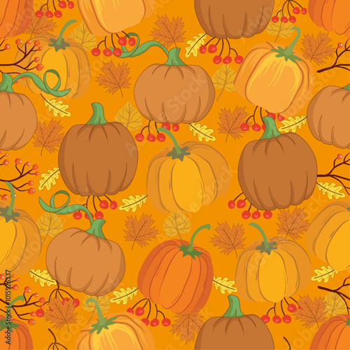 Seamless pattern with pumpkins, leaves and berries on an orange background.