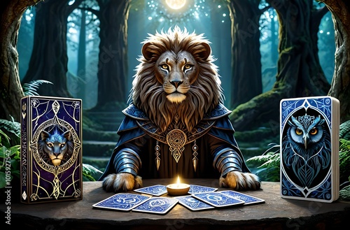 A tarot deck featuring powerful animal spirits like lions and owls, surrounded by mystical forests and sacred ruins. photo