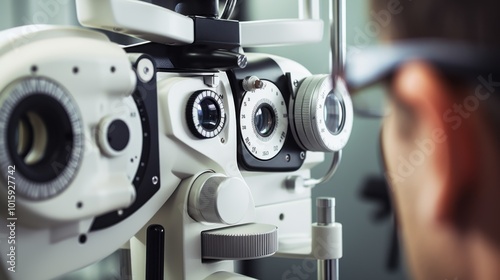 A precise glimpse into an eye examination setup, showcasing advanced medical equipment poised for detailed ocular analysis.
