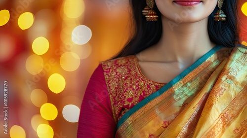 An Indian woman in a vibrant saree, set against a festive backdrop, with room for text to advertise holiday events or fashion promotions.