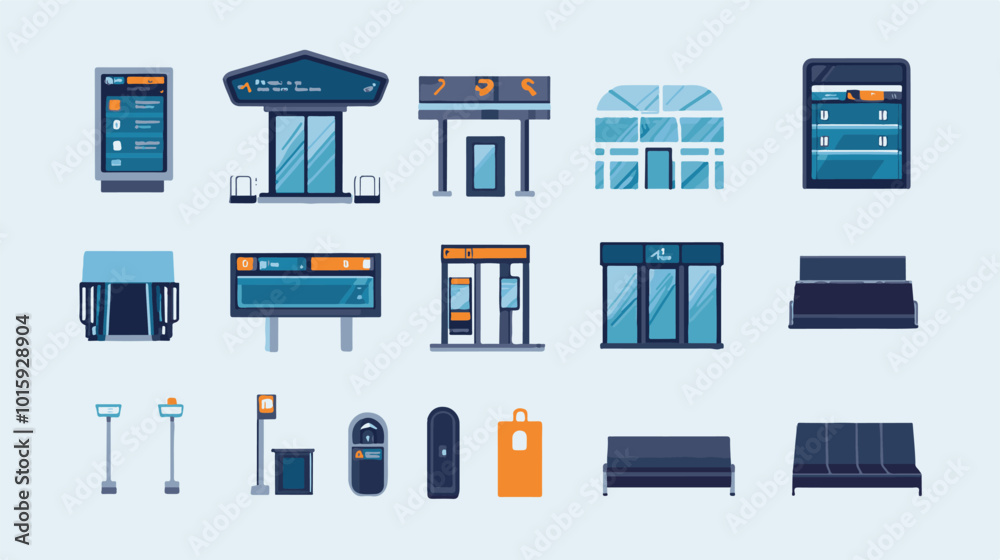 Airport icons flat set with baggage check airplane security control vector illustration. Airport icons flat set with baggage check airplane security control vector illustration.