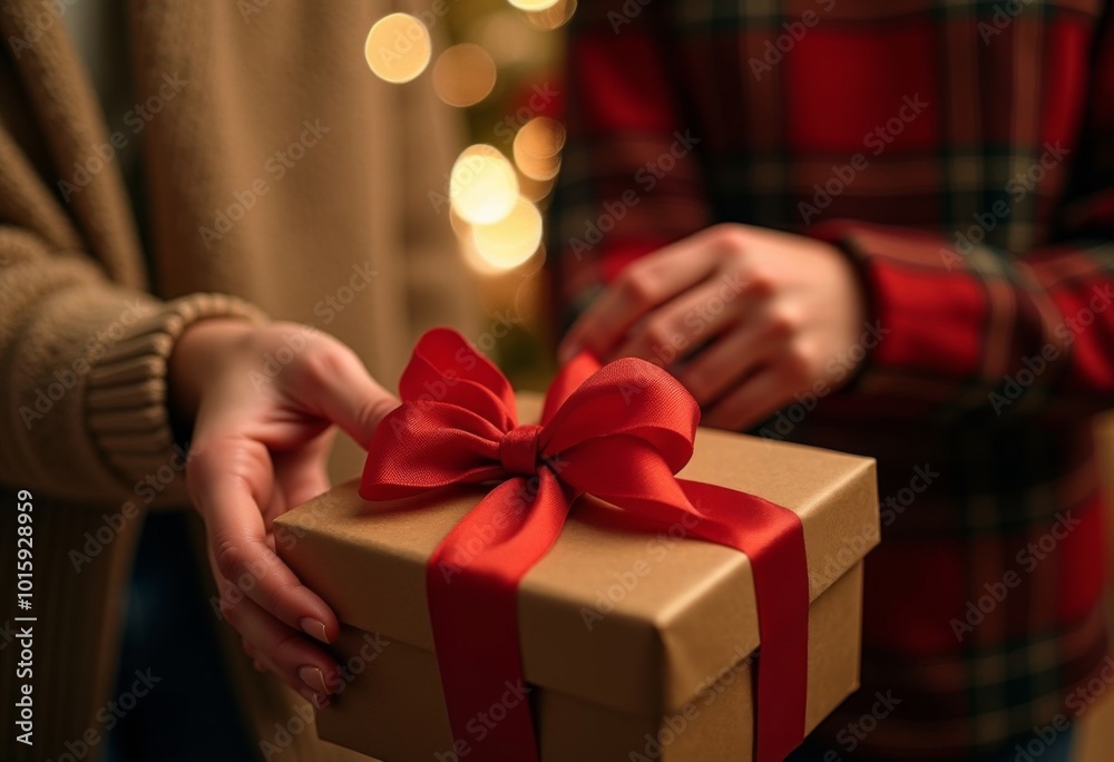 people give New Year's gifts in close-up against the backdrop of home comfort - Image people give New Year's gifts in close-up against the backdrop of home comfort - Image