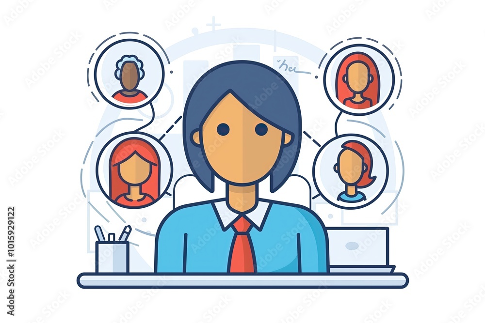 Having a video call, communication, with colleagues. Solving tasks with teammates. Cartoon illustration of tech support, interaction with clients Having a video call, communication, with colleagues. Solving tasks with teammates. Cartoon illustration of tech support, interaction with clients