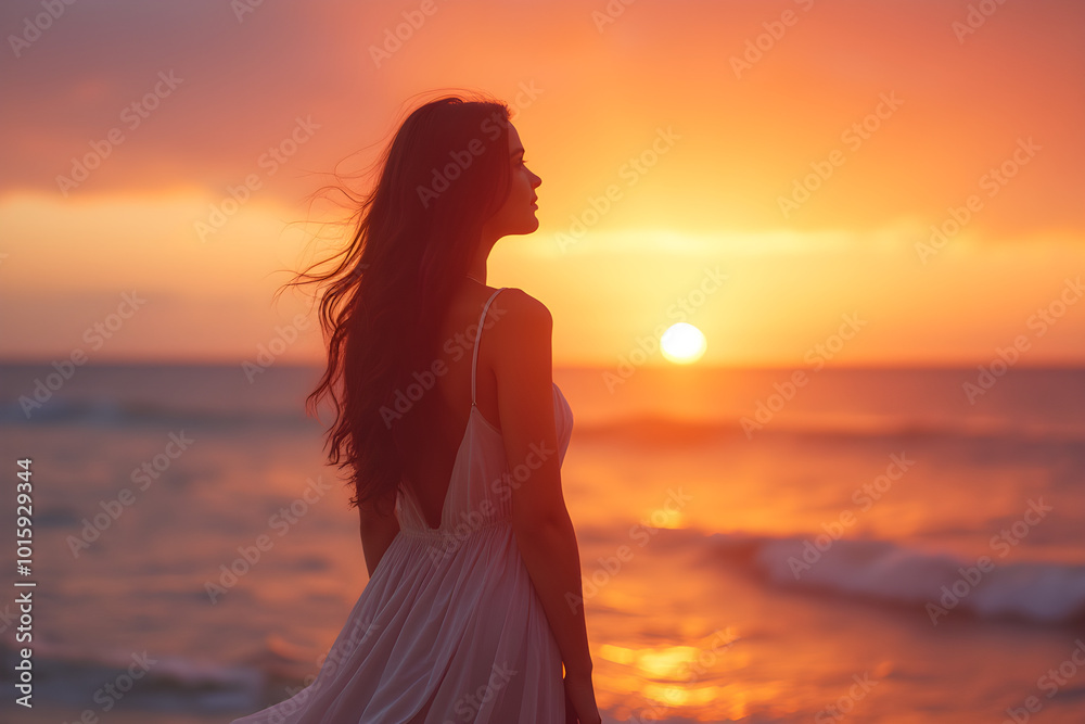Fototapeta premium beautiful woman on the beach as the sun sets