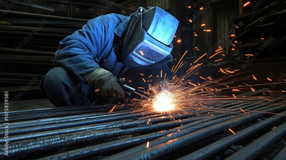 An industrial worker welding metal in a workshop, with bright sparks illuminating the area, wearing protective gear and specialized welding glasses. An industrial worker welding metal in a workshop, with bright sparks illuminating the area, wearing protective gear and specialized welding glasses.