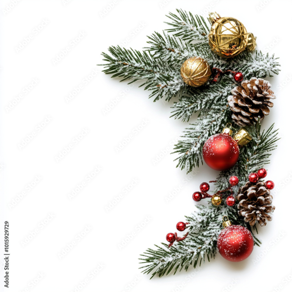 pine branch corner shape with red baubles and silver baubles snow and glitter repeat pine branch corner shape with red baubles and silver baubles snow and glitter repeat