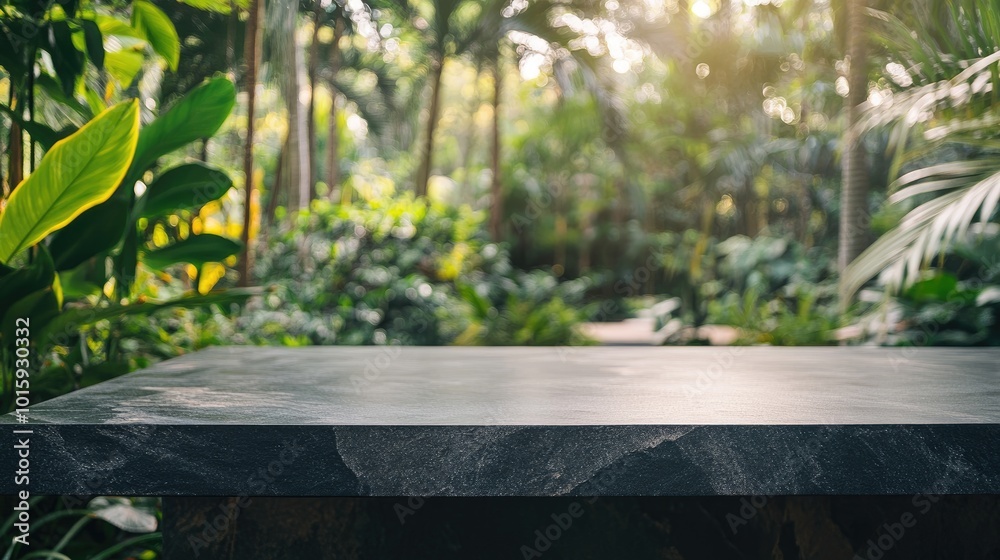 Black stone countertop set against a jungle backdrop, featuring lush greenery and natural light, ideal for product displays in an outdoor environment. Black stone countertop set against a jungle backdrop, featuring lush greenery and natural light, ideal for product displays in an outdoor environment.