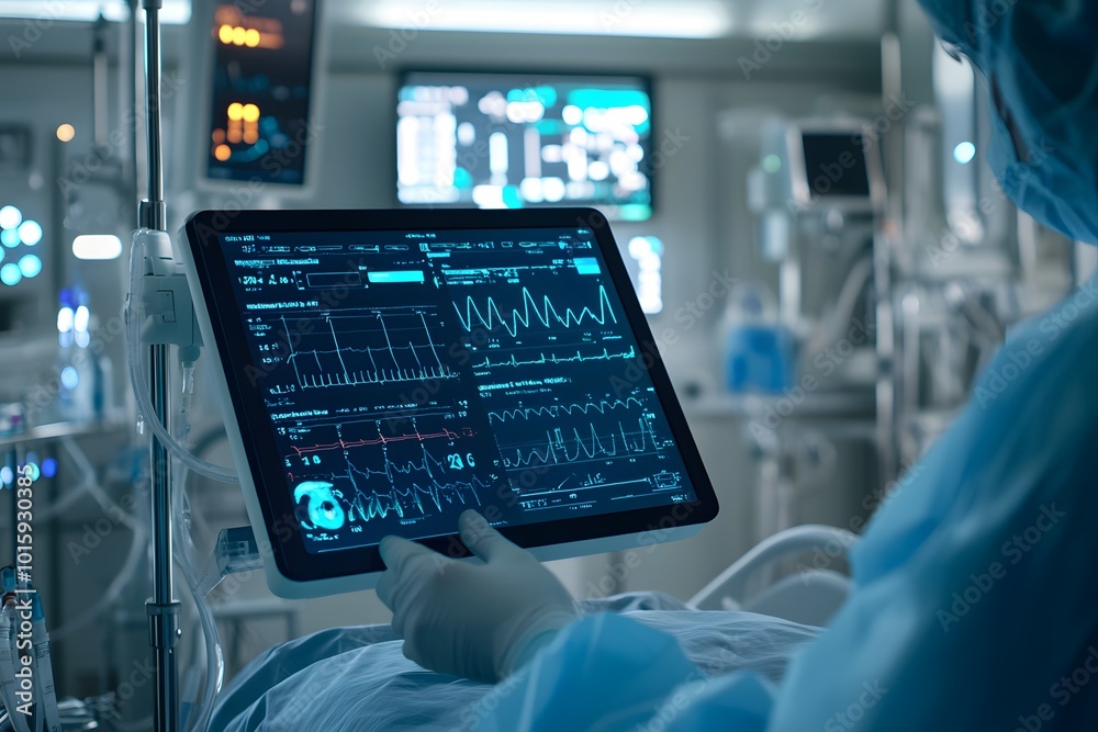 Medical Monitor Displaying Vital Signs in Hospital Room Medical Monitor Displaying Vital Signs in Hospital Room