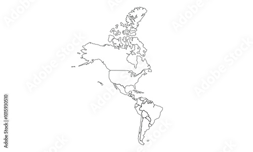 America border map outline sketch isolated on white. Thin hand drawn black line contour. Vector clipart for banner background design, geographic.