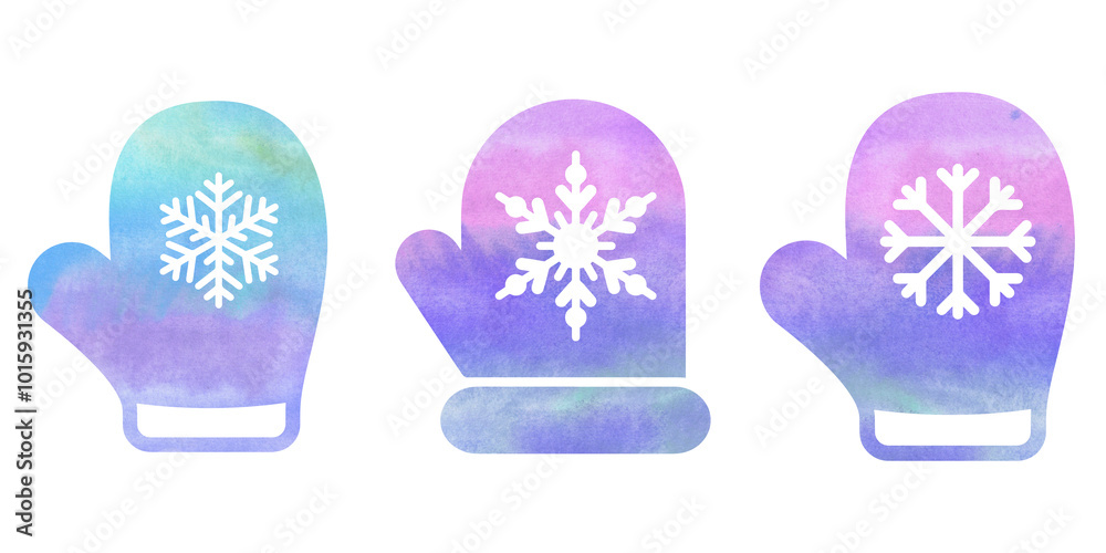 Watercolor winter mitten with snowflake isolated on white background. Christmas hand drawn illustration of colorful knitted mittens . Seasonal accessory. Watercolor winter mitten with snowflake isolated on white background. Christmas hand drawn illustration of colorful knitted mittens . Seasonal accessory.