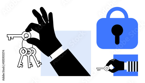 A minimalist design showcases a hand holding keys and a large lock symbol. Ideal for security, protection, access, data safety, and privacy themes. The colors are predominantly black and blue with