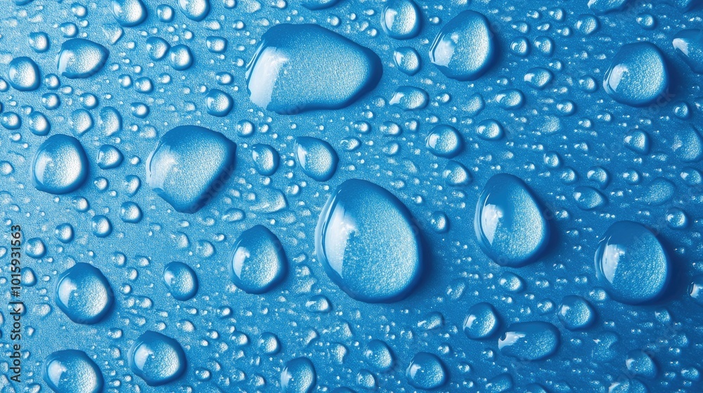 Water droplets on a blue surface. Perfect for designs related to water, purity, and cleanliness. Water droplets on a blue surface. Perfect for designs related to water, purity, and cleanliness.