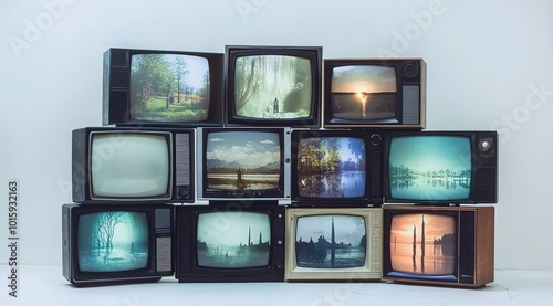 
A stack of old televisions displaying different scenes