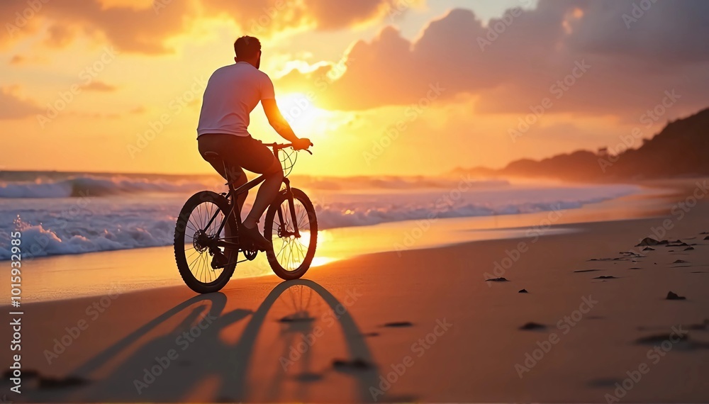 Fototapeta premium A man riding a bicycle along a sandy beach at sunset, the sun casting long shadows across the sand