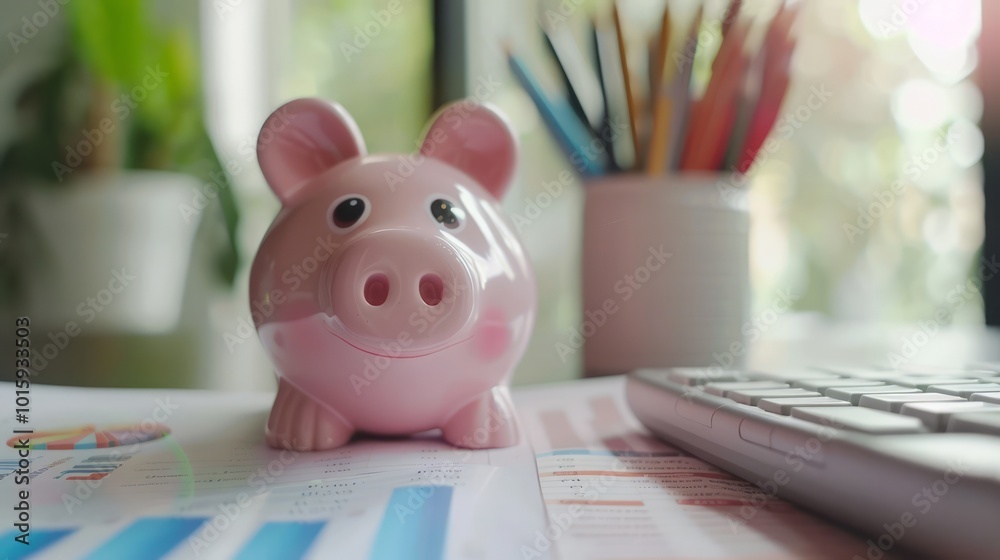 Savings Concept with Piggy Bank and Financial Charts Savings Concept with Piggy Bank and Financial Charts