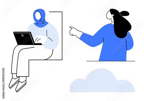 Two women are involved in online activities, with one using a laptop and the other pointing. Both wear modest clothing. Ideal for technology remote work collaboration diversity education digital