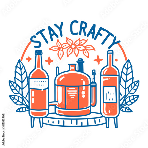 Craft brewing setup with bottles and leaves in a vintage illustration.