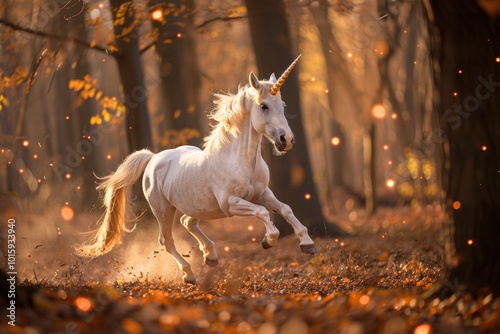 white unicorn with golden mane and tail runs freely in an autumn forest, illuminated by soft glow of enchanted lights. This captivating scene embodies magic and allure of legendary tales.