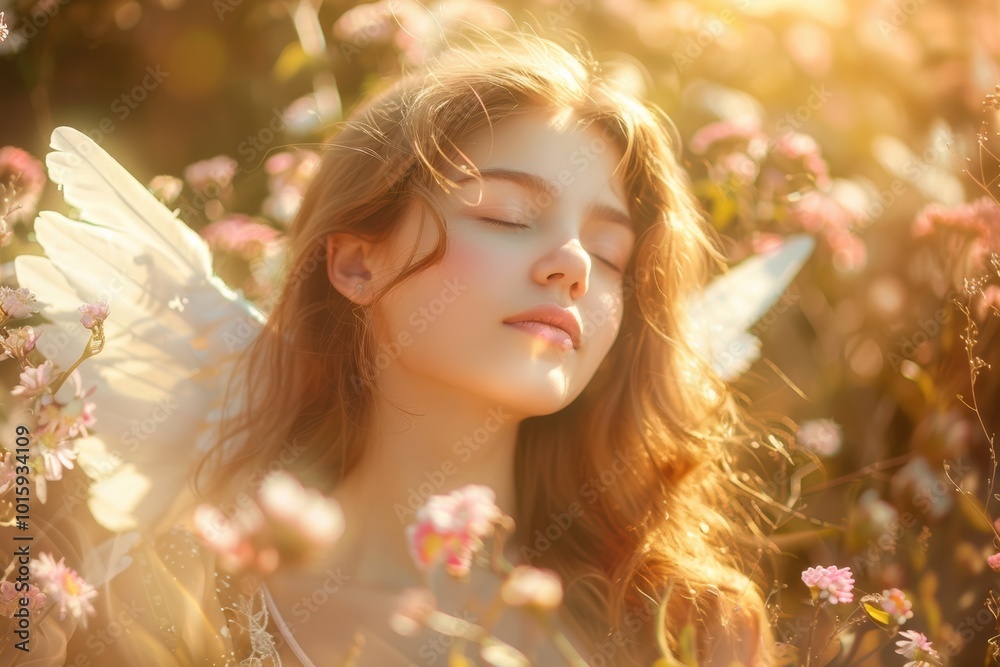 Dreamy young woman surrounded by magical garden. Sunlight filters through foliage, creating a fairy-tale atmosphere with glittering particles that enhance enchantment of scene. Dreamy young woman surrounded by magical garden. Sunlight filters through foliage, creating a fairy-tale atmosphere with glittering particles that enhance enchantment of scene.