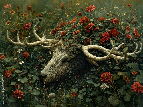 Deer Antlers Adorned with Flowers: A Surreal Nature Painting photo