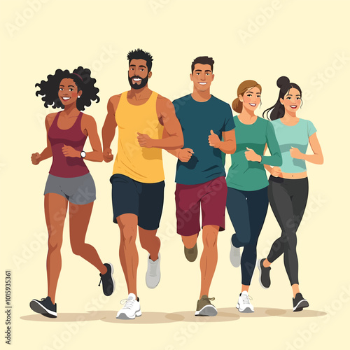 People Exercising As Group For Fitness Wellbeing In A Park Flat Character Illustration
