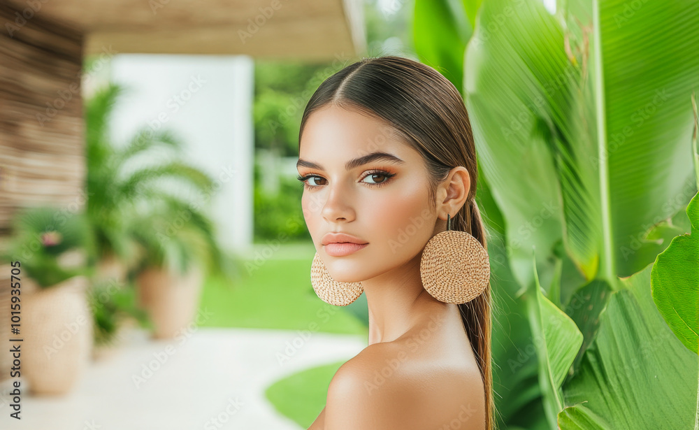 Young latina woman posing elegantly outdoors among lush greenery with golden earrings on a sunny day Young latina woman posing elegantly outdoors among lush greenery with golden earrings on a sunny day