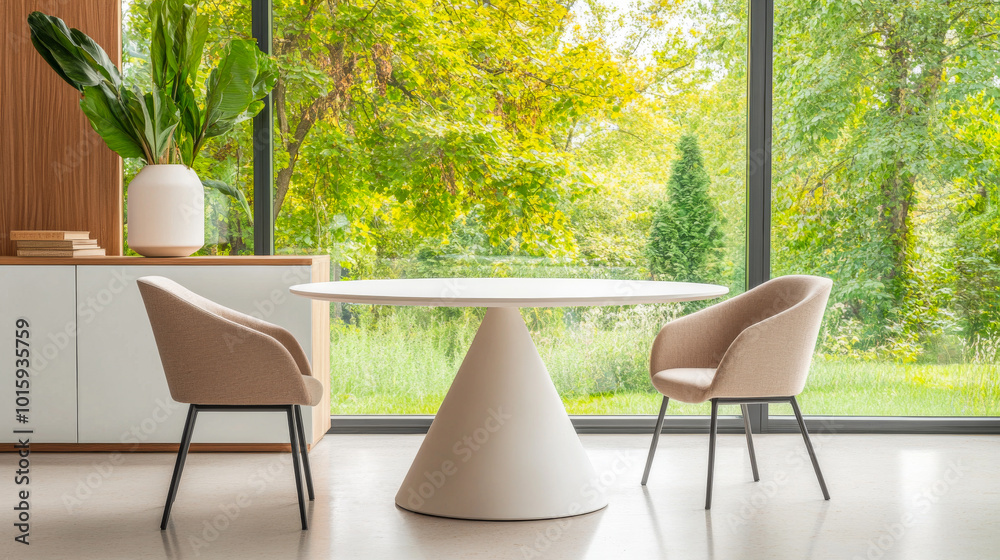 Modern dining area featuring a minimalist round table and stylish chairs in a sunlit room Modern dining area featuring a minimalist round table and stylish chairs in a sunlit room