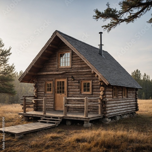 A small, rustic log cabin with a pitched roof and a wooden deck, standing against a white background.