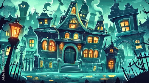 A spooky haunted house on a foggy Halloween night