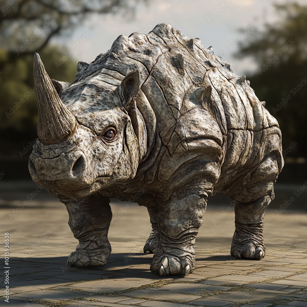 Fototapeta premium Stone Rhino - A Mythical Creature of Strength and Power