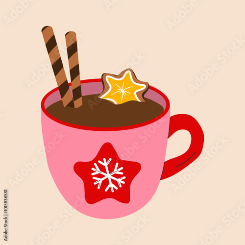 A cute holiday mug with a flat cartoon style, featuring a Christmas hot drink