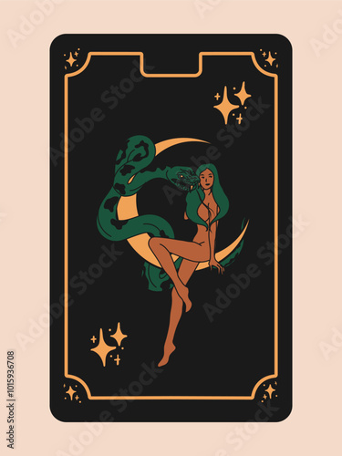 Tarot card with woman with a snake wrapped around her body