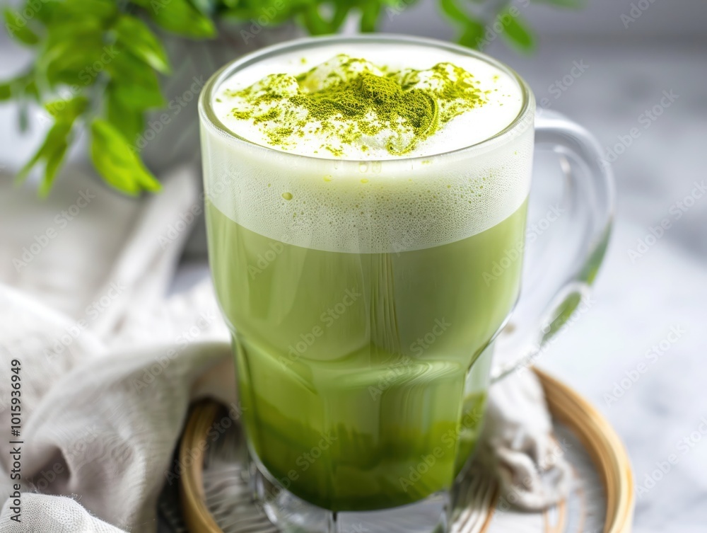 A glass of matcha green tea frothy and bright green A glass of matcha green tea frothy and bright green
