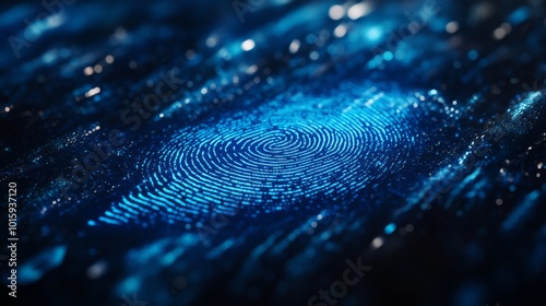 Abstract blue fingerprint on a black background with glowing particles.