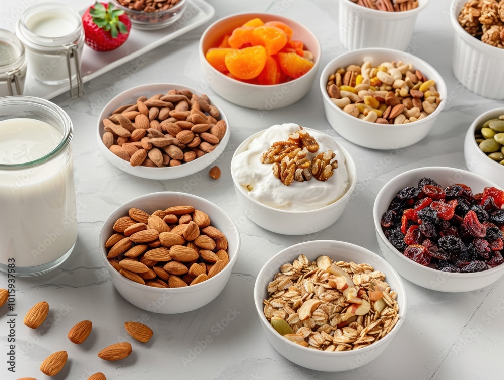 A selection of healthy snacks including raw nuts dried fruits A selection of healthy snacks including raw nuts dried fruits