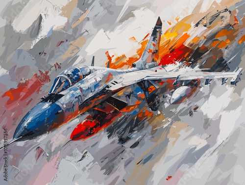 A fighter jet is painted in a very detailed and realistic manner. Concept of power and strength, as the jet is the main focus of the painting. The use of bold colors