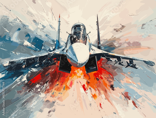 A fighter jet is painted in a very detailed and realistic manner. Concept of power and strength, as the jet is the main focus of the painting. The use of bold colors