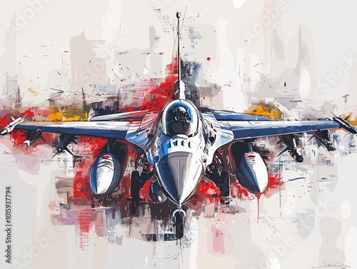 A fighter jet is painted in a very detailed and realistic manner. Concept of power and strength, as the jet is the main focus of the painting. The use of bold colors
