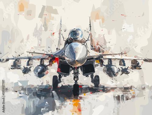 A fighter jet is painted in a very detailed and realistic manner. Concept of power and strength, as the jet is the main focus of the painting. The use of bold colors