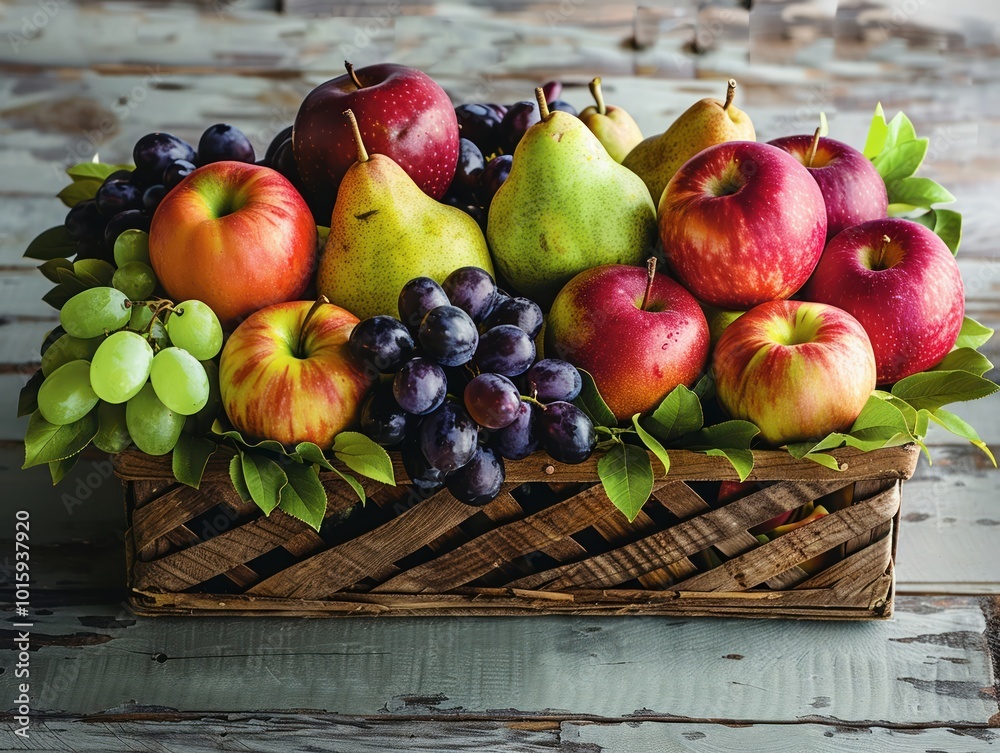 An artistic display of seasonal fruits like apples pears