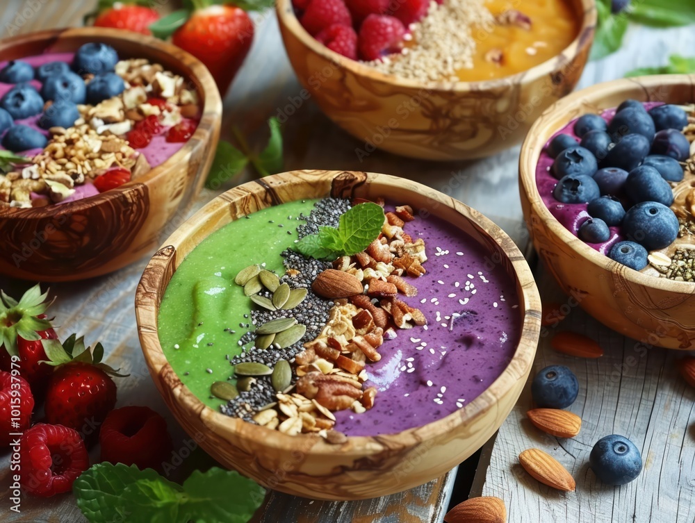 Colorful smoothie bowls topped with a variety of seeds nuts Colorful smoothie bowls topped with a variety of seeds nuts